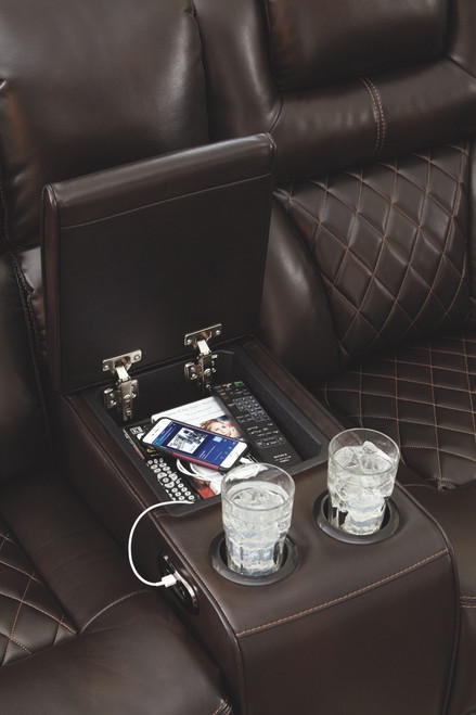 Warnerton Chocolate LAF Reclining Power Loveseat with Console, Wedge & RAF Reclining Power Sofa with Console Sectional