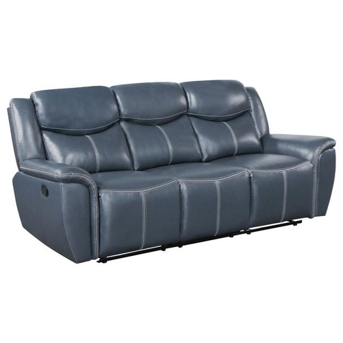 Sloane Upholstered Motion Reclining Sofa With Drop Down Table Blue