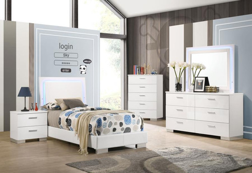 Felicity - 5 Piece Twin Bedroom Set With LED - White High Gloss