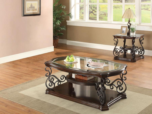 Laney - 2 Piece Glass Top Coffee And End Table Set - Dark Merlot