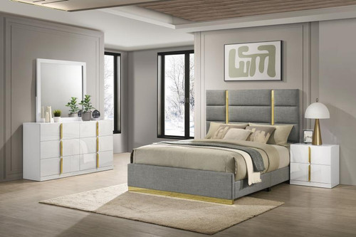 Ines - 4 Piece Queen Bedroom Set - Gray And White High Gloss