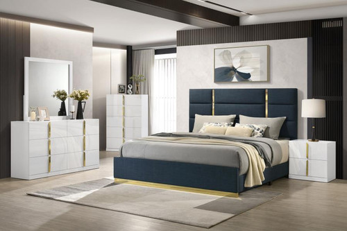 Ines - 5 Piece Queen Bedroom Set - Navy And White High Gloss