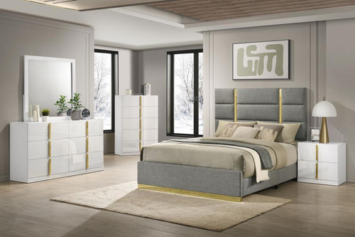 Ines - 5 Piece Eastern King Bedroom Set - Gray And White High Gloss