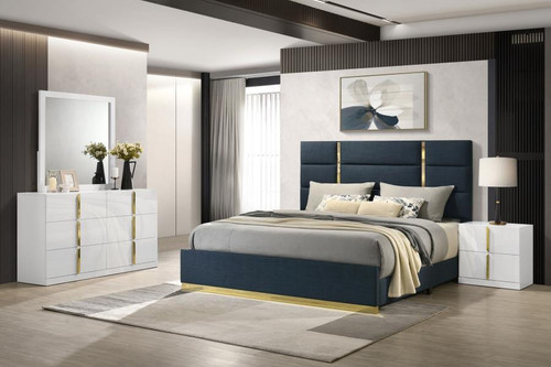 Ines - 4 Piece Queen Bedroom Set - Navy And White High Gloss