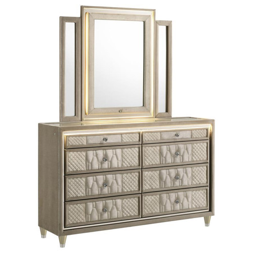 Lorient - 8-Drawer LED Dresser With Mirror - Ivory And Camel