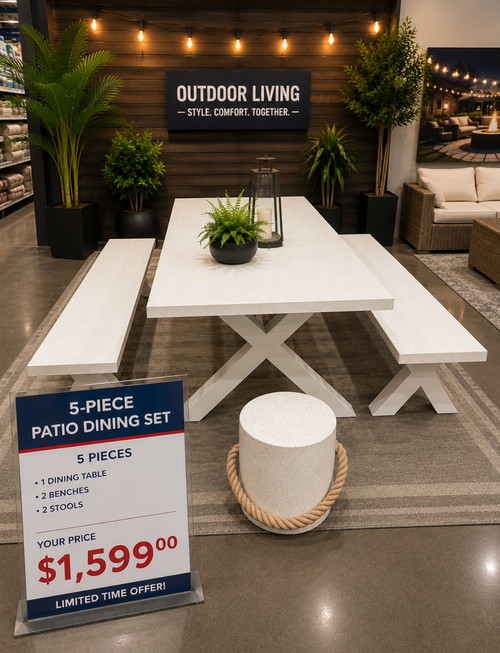 Cement Patio dining set (table ,2 benches ,2 stools ) Last one $1599.99