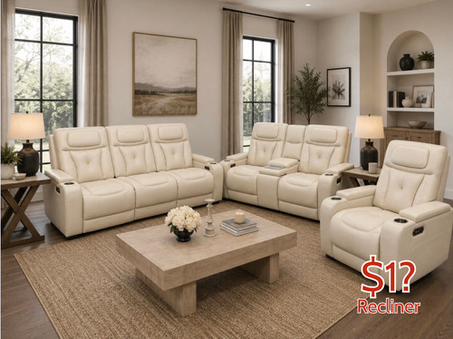 Cream 2pc Dual Power leather Recliner Sofa and Recliner Loveseat $2999.99 ask about $1 Recliner #177135