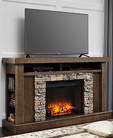 Roddinton Dark Brown XL TV Stand with LG Fireplace Insert Infrared sold at  Hilton Furniture serving Houston, TX ands surrounding areas.