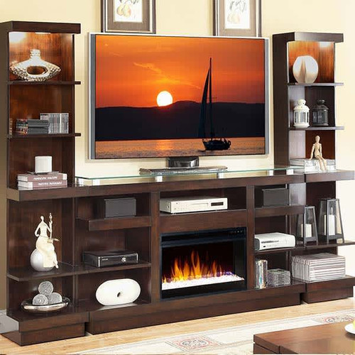 Roddinton Dark Brown XL TV Stand with LG Fireplace Insert Infrared sold at  Hilton Furniture serving Houston, TX ands surrounding areas.