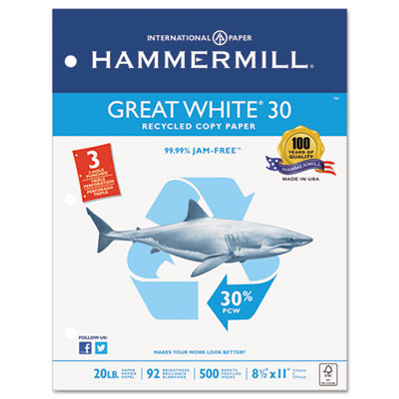 Great White Recycled Copy 3-Hole Punched, 92 Brightness, 20lb, Letter, 5000/Ctn