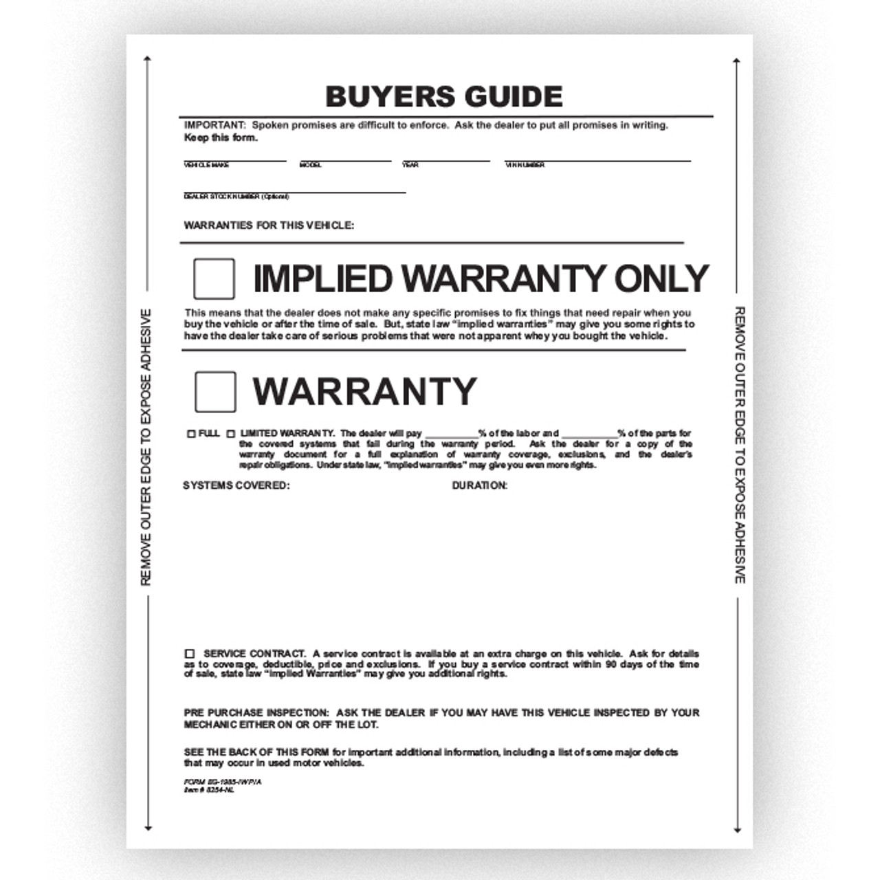 Peel n Seal Implied Warranty Buyers Guide 1 Part No Lines, qty 100