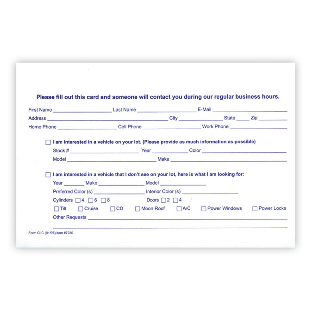 Customer Lead Cards, 8 1/2" x 5 1/2", 100 Per Pack