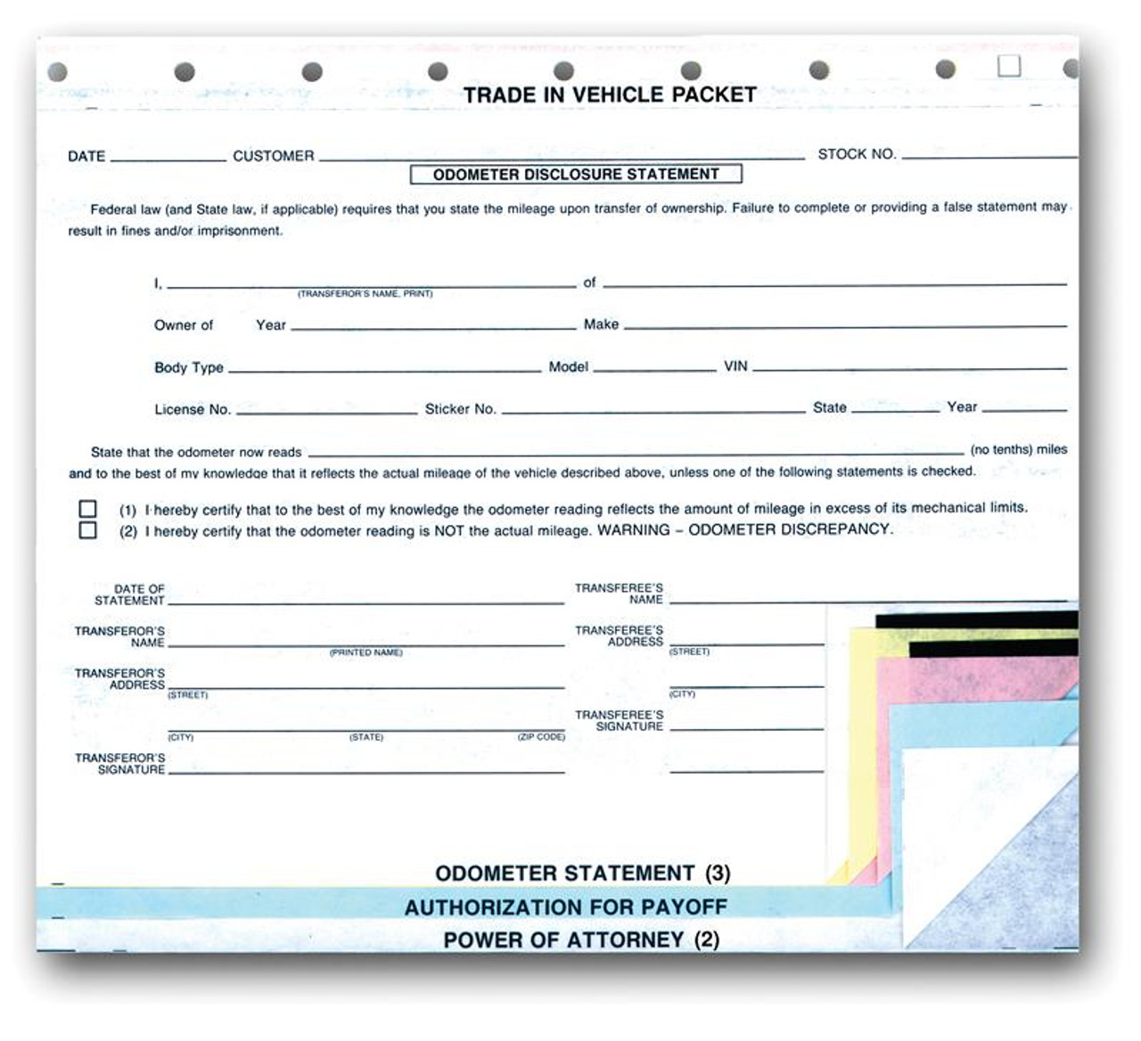 "Trade In Vehicle" Comb. Form, 8 1/2" x 7 1/4"   -  6 Part, 100 Per Pack