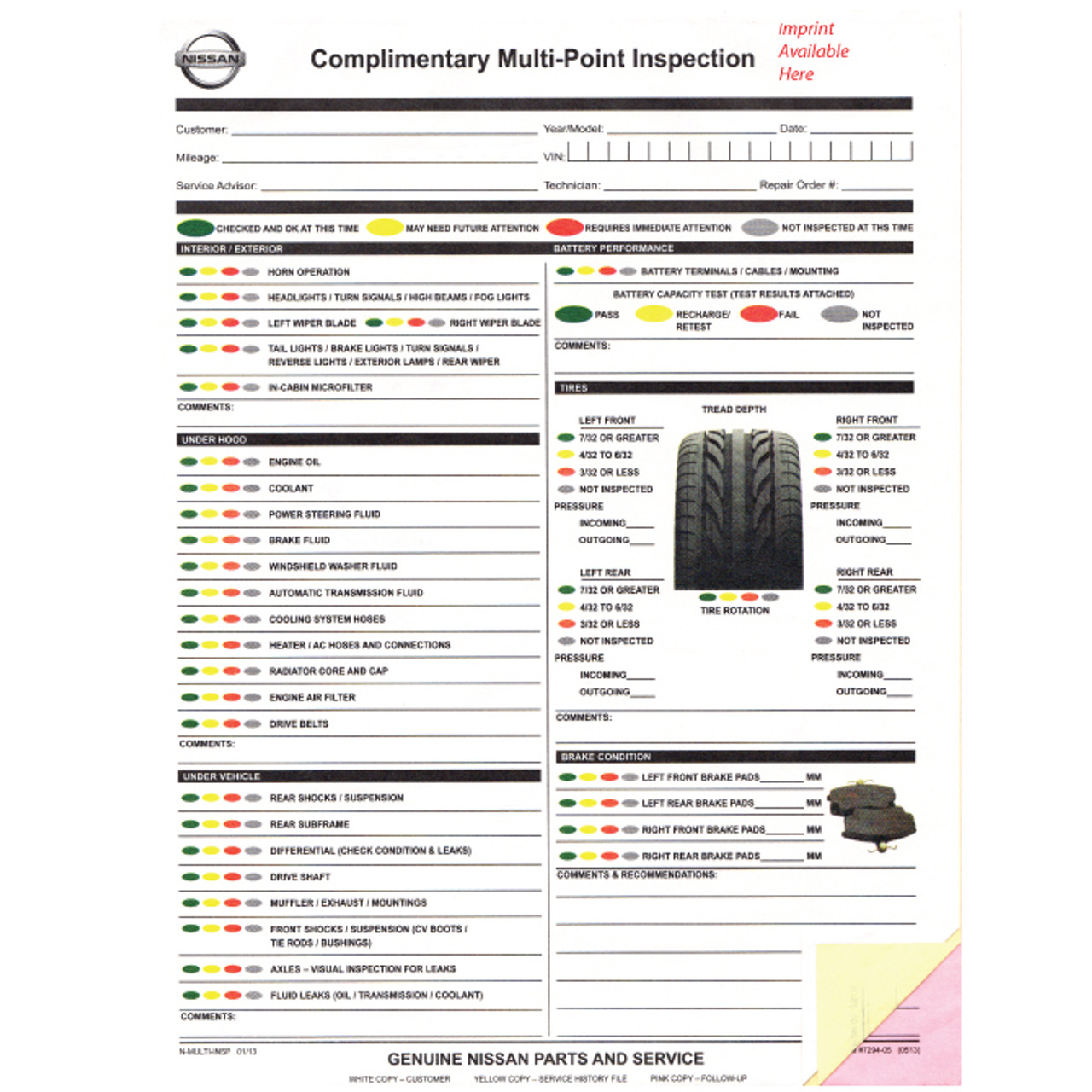 Nissan Multi-Point Inspection Form (Imprinted), 8 1/2" x 11"   -   3 Part, 500 Minimum