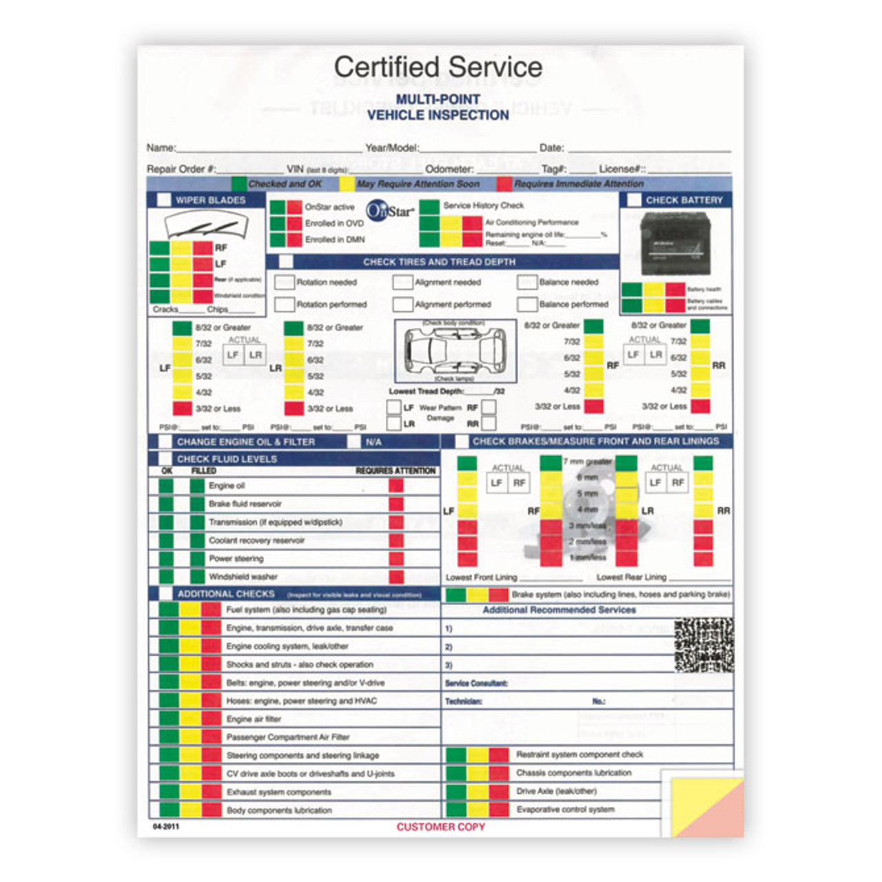 GM Multi-Point Inspection Form, 8 1/2" x 11"   -   3 Part, 250 Per Pack