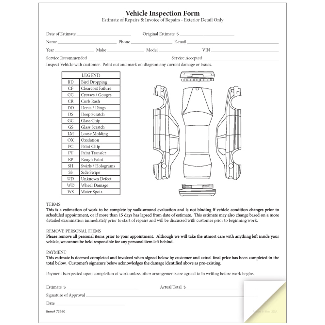 Vehicle Inspection & Estimate Form, 8 1/2" x 11"  -  2 Part, 100 Per Pack