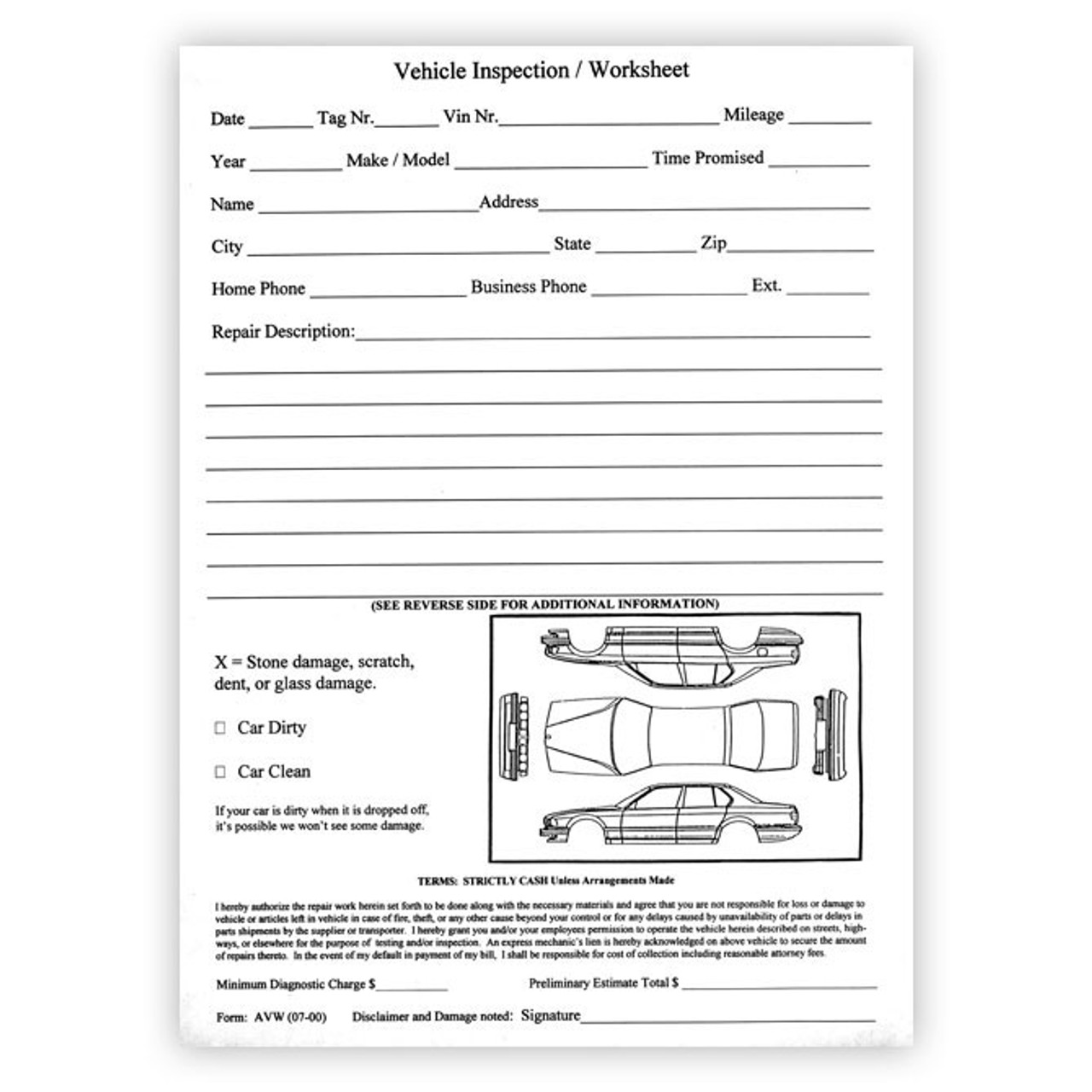 Vehicle Inspection Worksheet, 8 1/2" x 11",  100 Sheets Per Pad, 1 Pad Per Pack