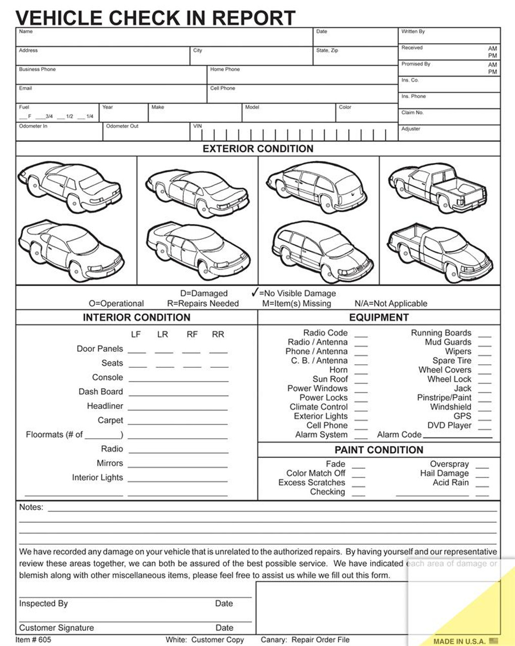 Vehicle Check in Report, 8 1/2" x 11"   -   2 Part, 100 Per Pack