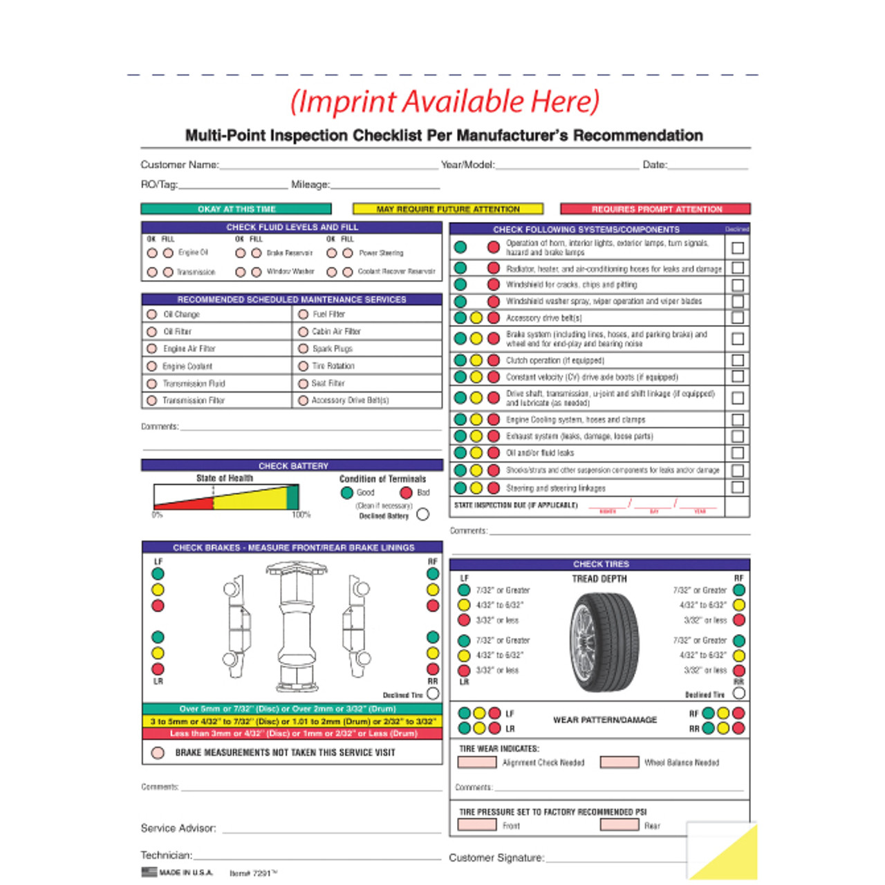 Multi-Point Inspection Form (Imprinted), 8 1/2" x 11 3/4"   -  2 Part, 250 Per Pack