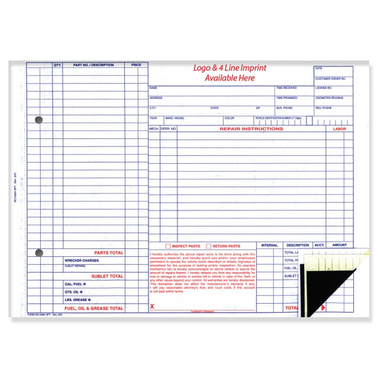 Repair Order (Imprinted), 8 1/2" x 11 5/8"   -   3 Part, 500 Minimum (Form #RO-546H-3PT)