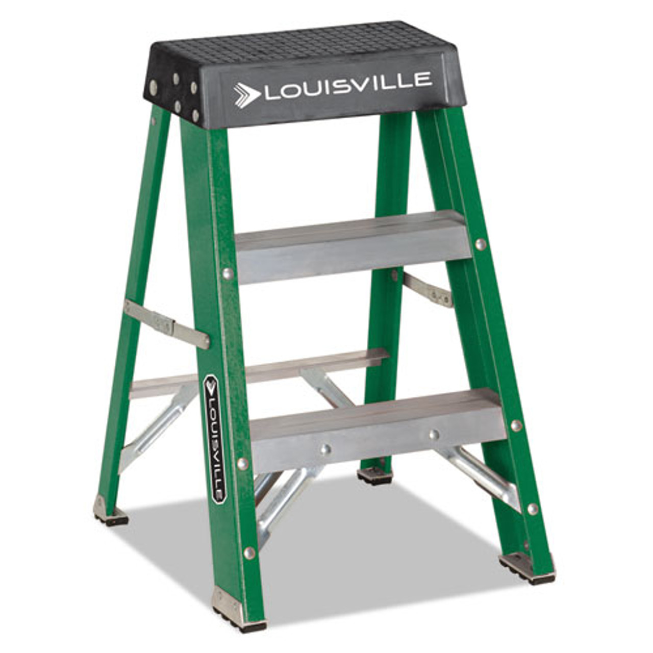 #624 Folding Fiberglass Locking 2-Step Stool, 17w x 22 Spread x 24h, Aluminum/Green/Yellow