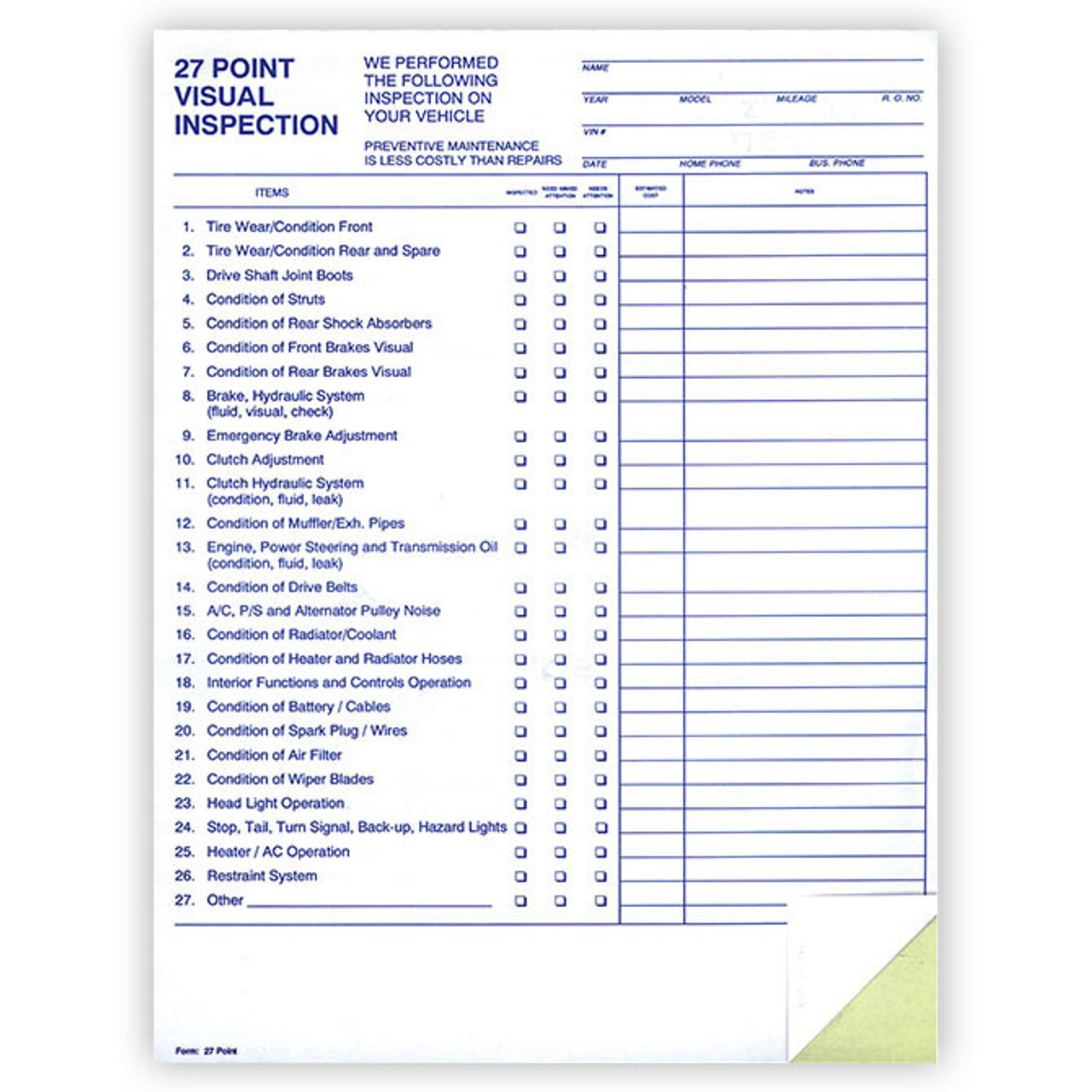27 Point Inspection, 8 1/2" x 11", 2-Part, Form #27-Point, 100 Per Pack