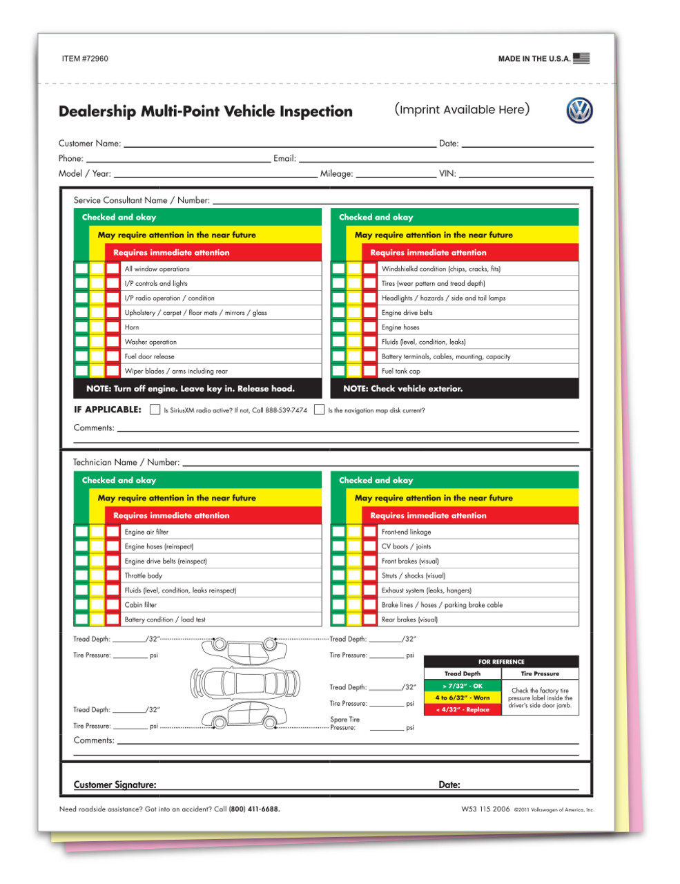 VW Multi-Point Vehicle Checkup - 3 PART - IMPRINTED - QTY. 500