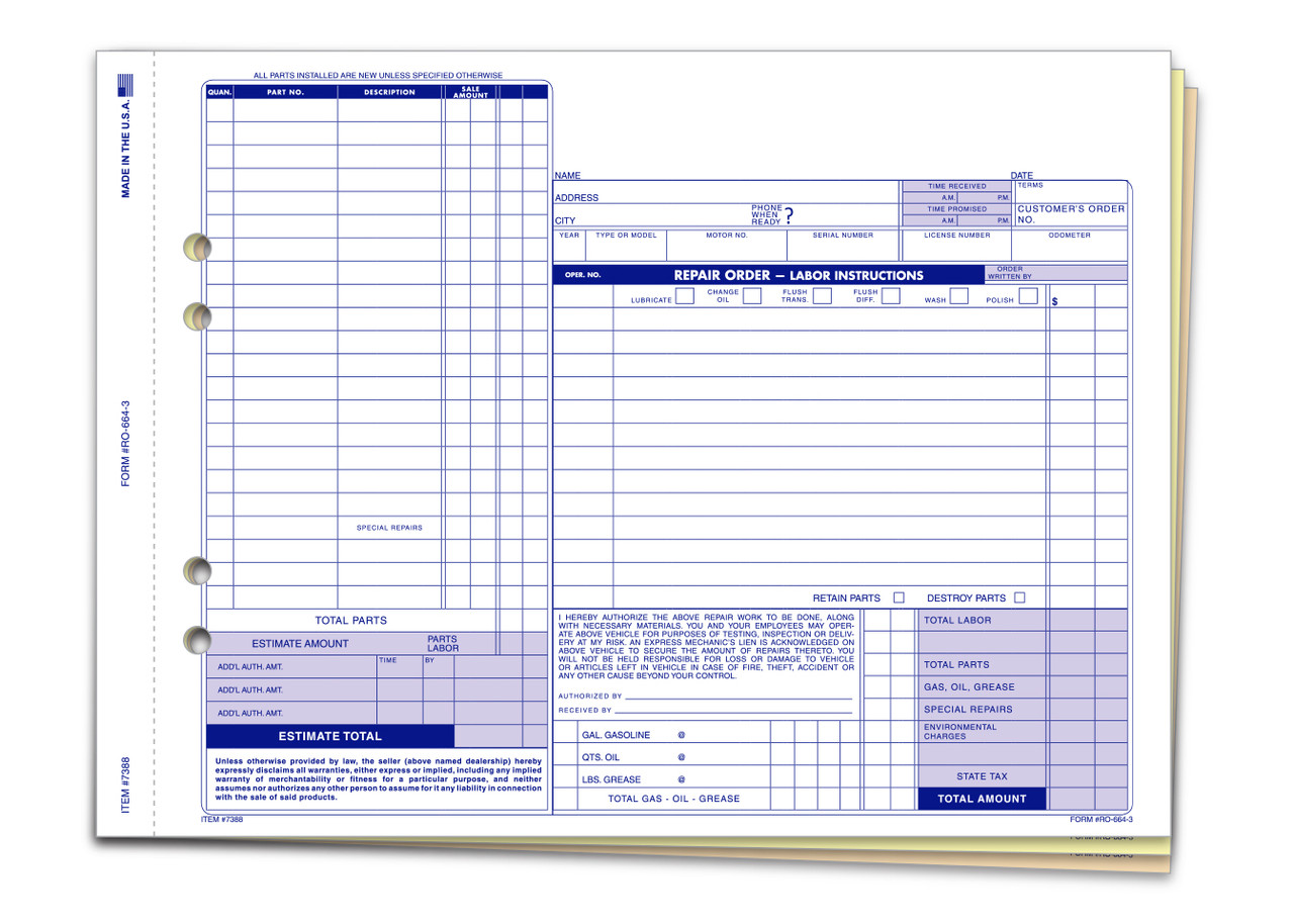 Repair Order - RO-664-3 - 3 PART - QTY. 100