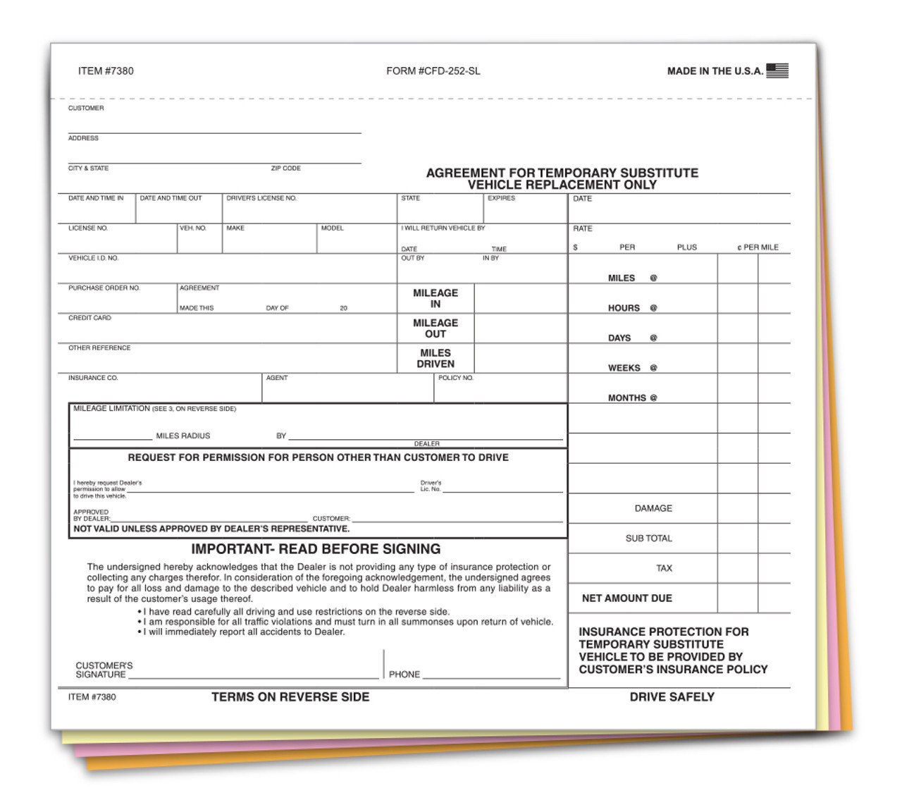 Automotive Service Products 7380 Substitute Vehicle Agreement - CFD-252-SL - 4 PART - QTY. 100 automotive-service-products-7380-substitute-vehicle-agreement-cfd-252-sl-4-part-qty-100