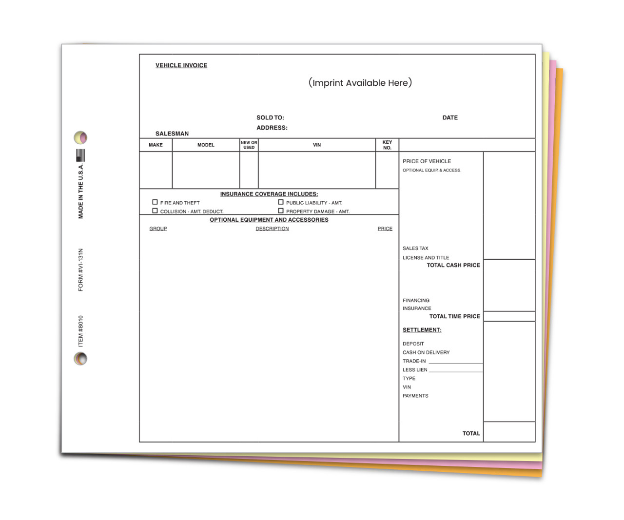 Universal Vehicle Invoice - VI-131N - 4 PART - IMPRINTED - QTY. 1 EACH