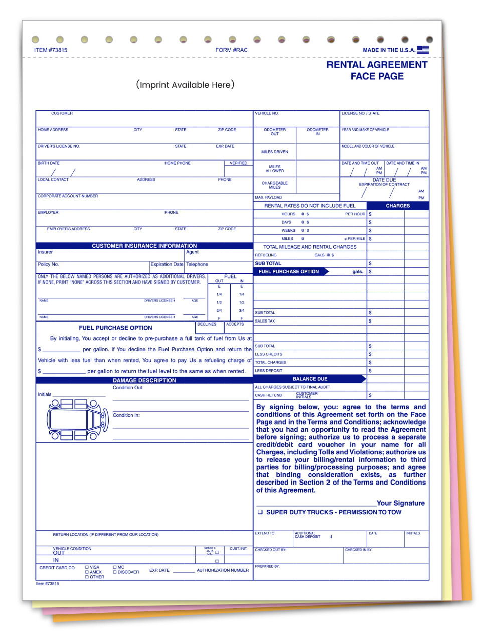 Rental Agreement - RAC - 4 PART - IMPRINTED