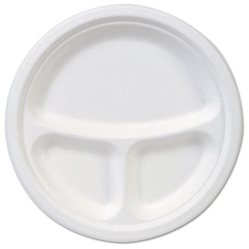 EcoSmart Molded Fiber Dinnerware, 3-Compartment Plate, White,10"Dia, 500/Carton