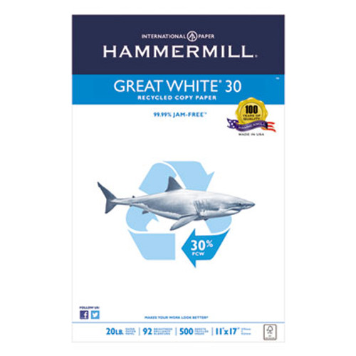 Great White Recycled Copy Paper, 92 Brightness, 20lb, 11 x 17, 500 Sheets/Ream