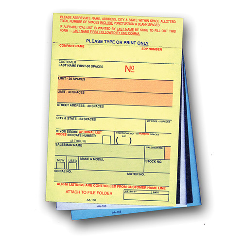 Vehicle Deal Labels, AA-168, 3 1/4" x 4 3/4" - 3 Part, 100 Per Pack