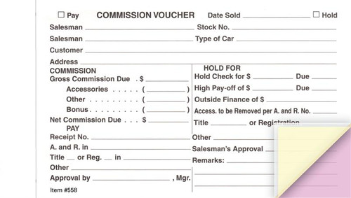 Commission Voucher Gross/Net, 7 3/4" x 4 1/4"  -  3 Part, 100 Per Pack