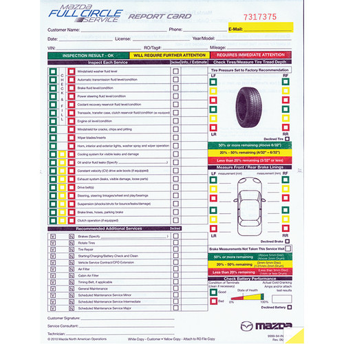 Mazda Multi-Point Inspection Form, 8 1/2" x 11"   -   2 Part, 250 Per Pack