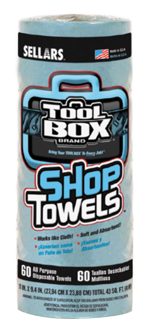 Shop Towels - Disposable - Rolls, 11" x 9.4"  60 Sheets per Roll, 12 Rolls per Case