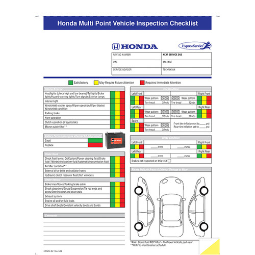 Honda Multi-Point Inspection Form (Plain), 8 1/2" x 11 3/4"  -  2 Part, 500 Minimum