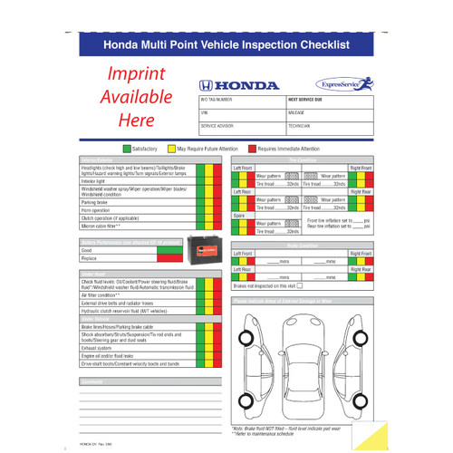 Honda Multi-Point Inspection Form (Crash Imprinted), 8 1/2" x 11 3/4"   -   2 Part, 500 Minimum