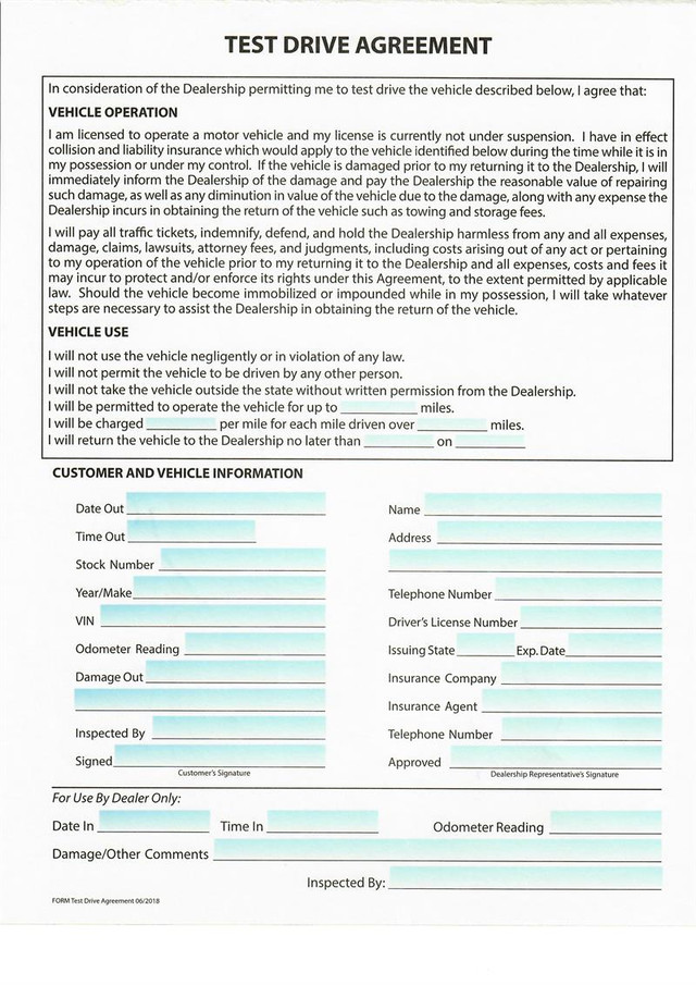 Custom Test Drive Agreement Forms (250Ct) Car Dealer Depot