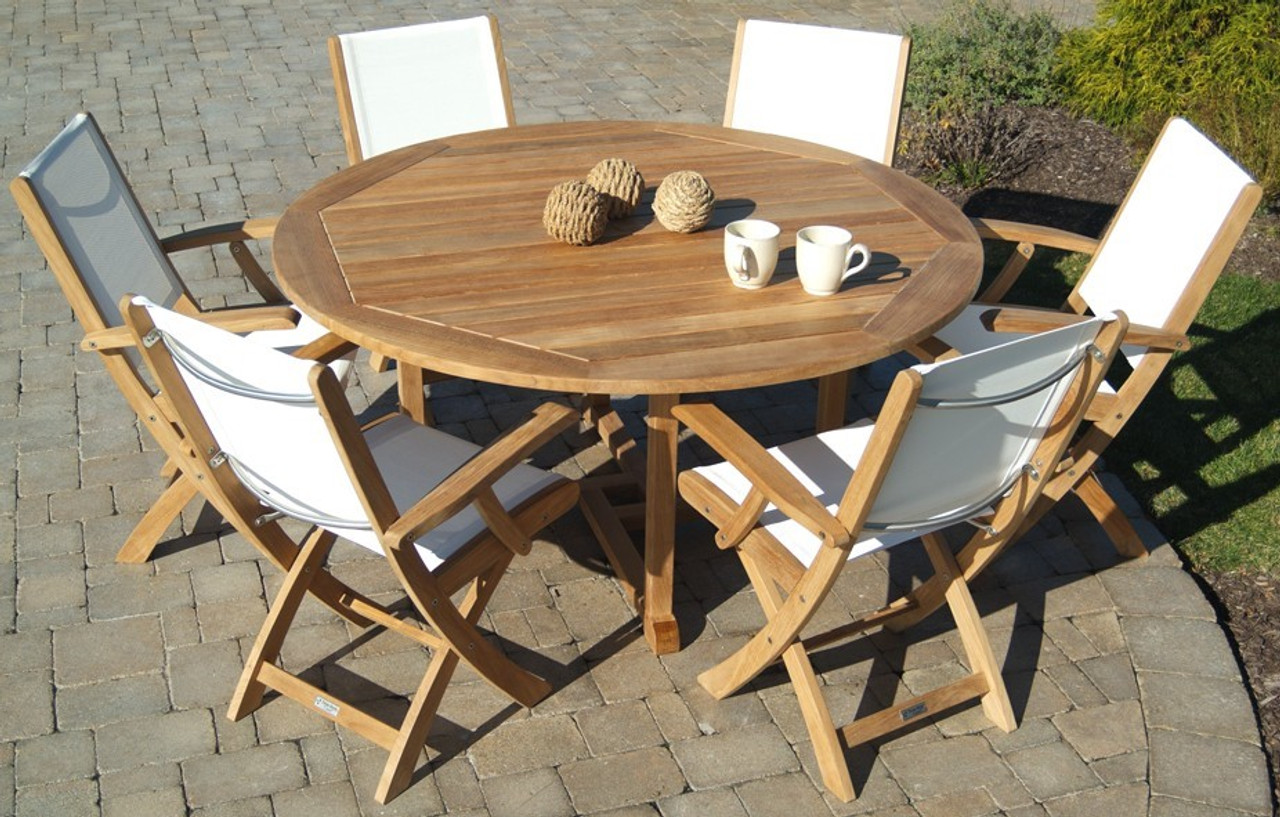 Round Teak Dining Table Sling Chairs Patio Sets for Sale