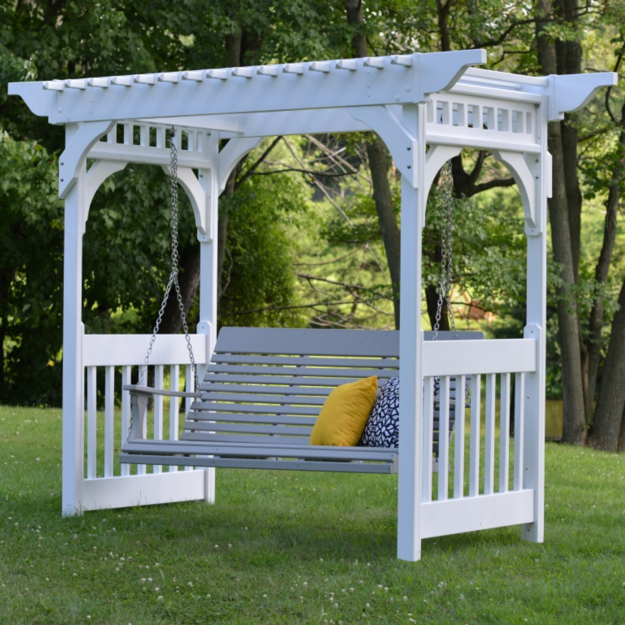 wooden garden swing bench with arbour