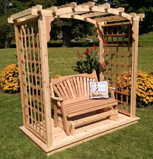 cambridge-treated-pine-garden-arbor-with-deck-and-glider-multiple-sizes