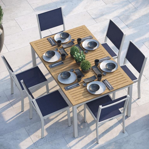 Oxford Garden Travira 6 Seat Side Chair Sling Dining Set - Ink Pen Blue Sling