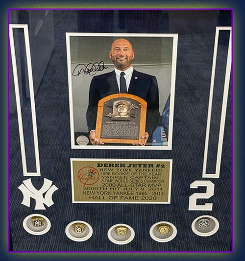 Derek Jeter with Plaque, replica rings, Signed