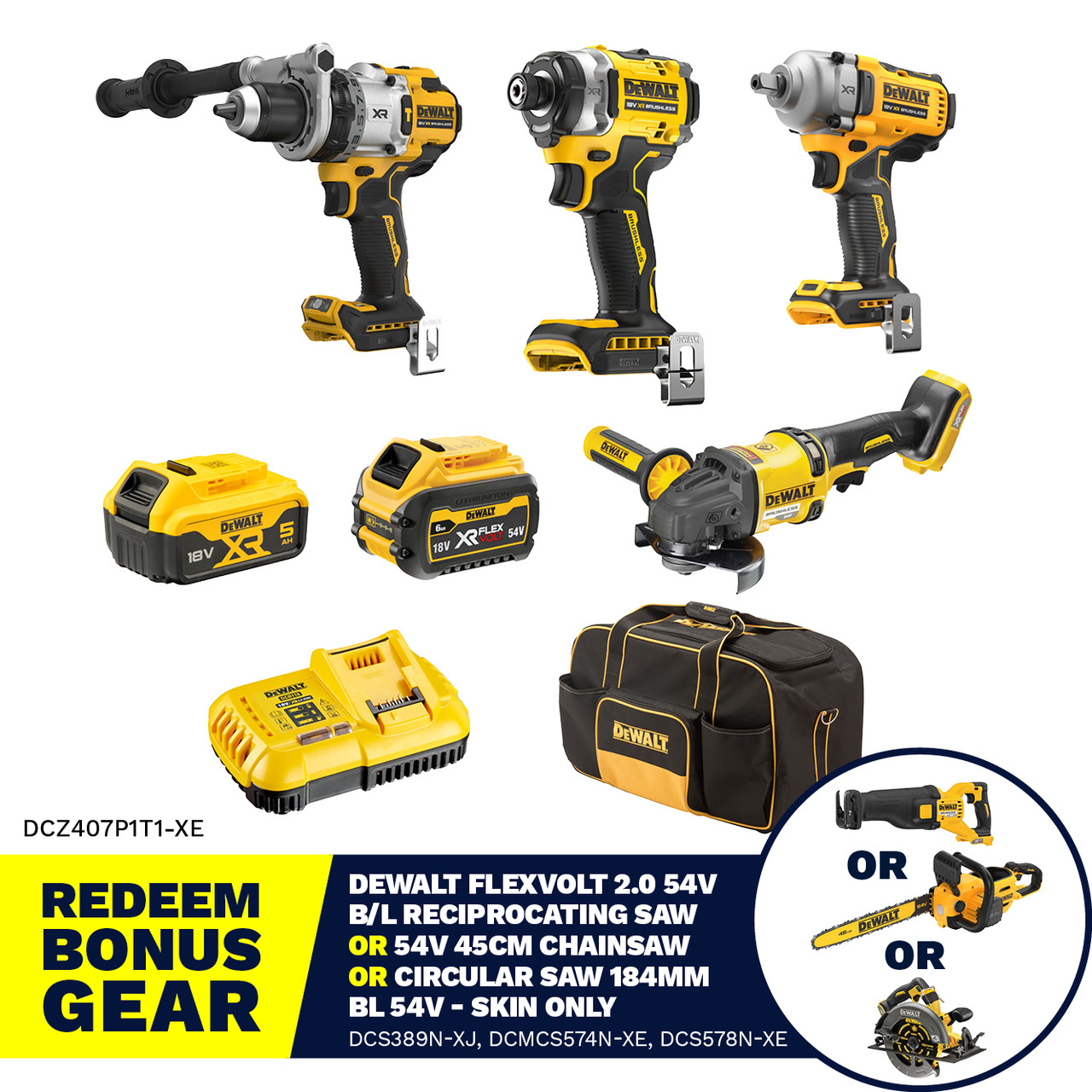 DeWalt XR 4 PC 18V/54V 5Ah/6Ah Kit - DCZ407P1T1-XE - Tool Kit Depot