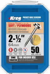 Kreg Pocket Hole Screws Coarse/Maxiloc Head Zinc 64MM 50 Pack - KR-SMLC250-50
