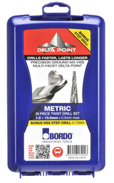 Bordo Delta Point Drill Bit Set HSS 1-13 MM W/ 4-12 MM Step Drill 25 Piece - 2015-M3-B1