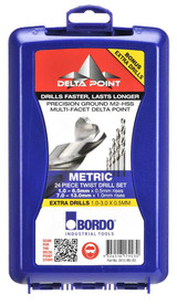 Bordo Delta Point Drill Bit Set HSS 1-13 MM W/ 1-3 x 0.5 MM Extra Drills 24 Piece - 2015-M5-B2