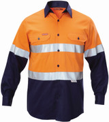 Order In -Hard Yakka Men's Two-Tone Drill Shirt With 3M Reflective Tape - Pre-Shrunk Cotton - Orange/Navy - Y07990